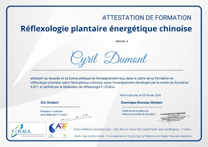 FIRMA attestation reflexologie plantaire